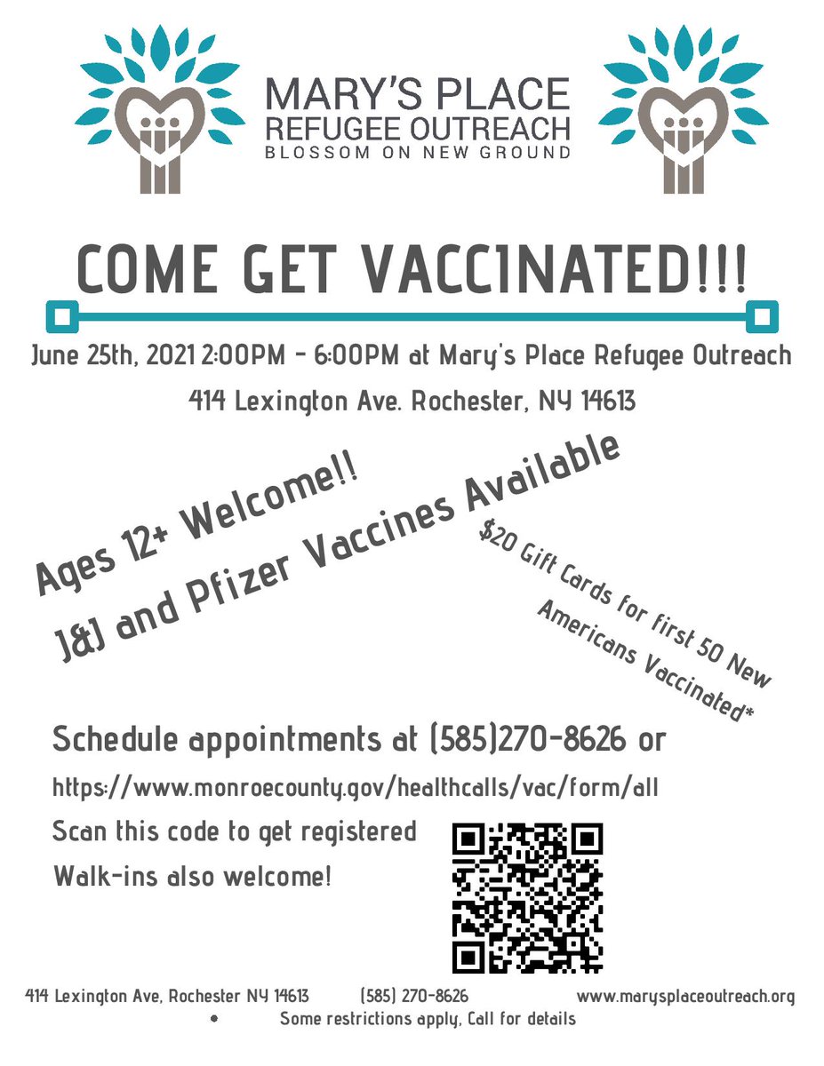 One of our great community partners, Mary's Place LLC, is hosting a vaccine clinic on Friday! Ages 12+ are welcome ... schedule appointments by calling 585-270-8626 or by visiting monroecounty.gov/healthcalls/va…