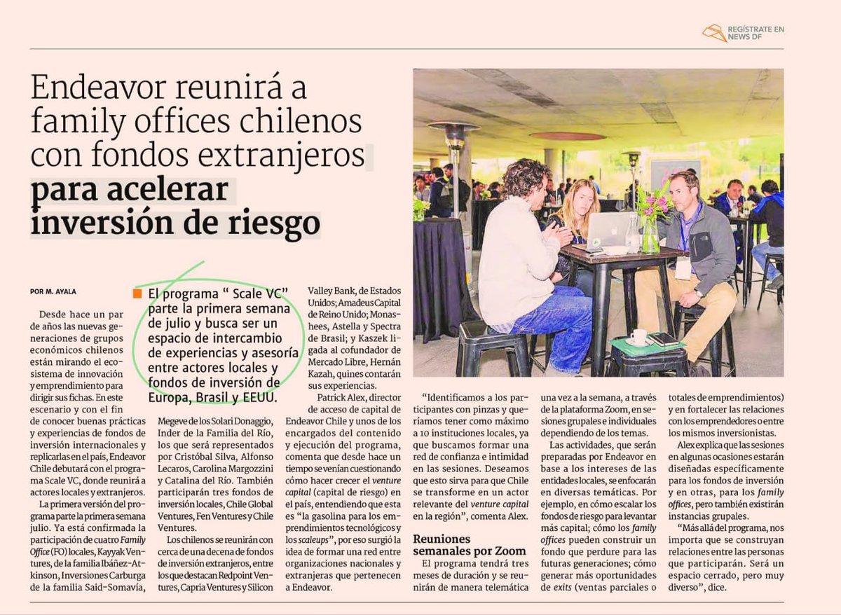 endeavorchile's tweet photo. Con nuestro nuevo Programa #ScaleVC en conjunto con #FamilyOffices y fondos de #VC nos propusimos una gran meta: reunirnos con fondos de inversión extranjeros, para conocer buenas prácticas y trabajar para acelerar la inversión de riesgo en Chile.
Lee +: https://t.co/CfyOS1zX57 https://t.co/1DuN1sh1N0