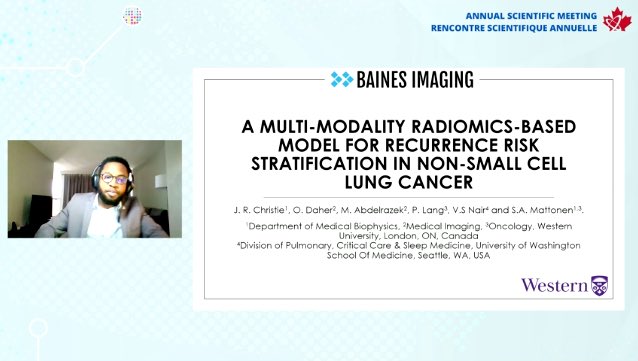 COMPTrainees's tweet image. Jaryd Christie from @WesternU presents his work on “A multi-modality radiomics-based model for recurrence risk satisfication in non-small cell lung cancer!” @JarydChristie 

@BainesImaging @SarahMattonen @SarahMattonen @MBP_GSA #COMPASM2021 #YIS2021