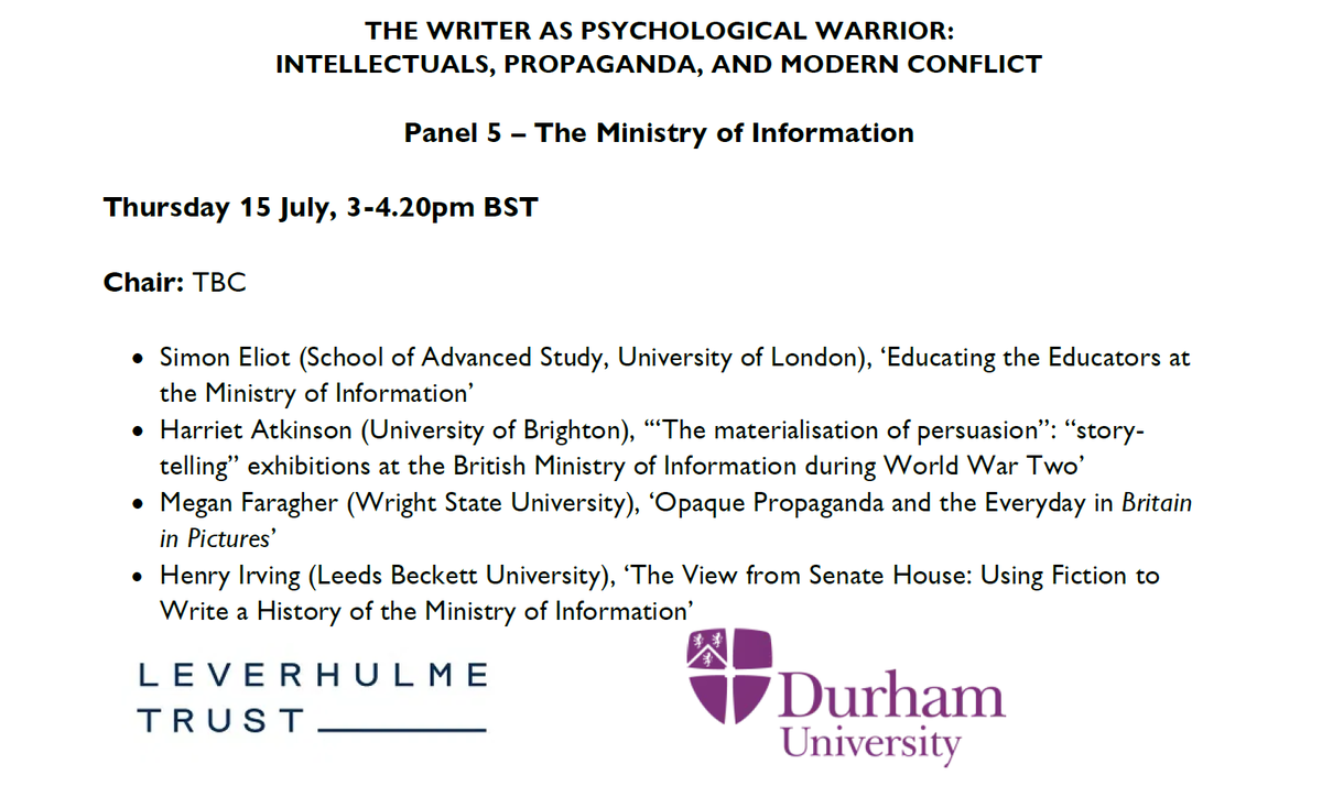 PWEpropagandist's tweet photo. ONE WEEK until the fifth panel of our #writersandpropaganda conference (15 July at 3pm) on The Ministry of Information, with papers from @moidigital's Simon Eliot, @HRAtkinson1, @MeganLFaragher and Henry Irving

Register here: https://t.co/yRnKg74sgB https://t.co/VtvOARSc1s