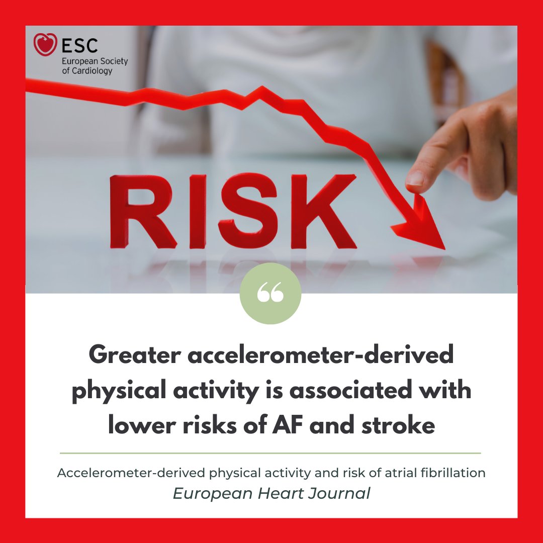 Ali_NazeriMD's tweet photo. The European Heart Journal just released an article, which found "greater accelerometer-derived physical activity is associated with lower risks of #AF and #stroke. 
Head over to @ehj_ed site to see the entire article, which currently has free access. https://t.co/mnhoxpeZml https://t.co/UHDkfMvoym