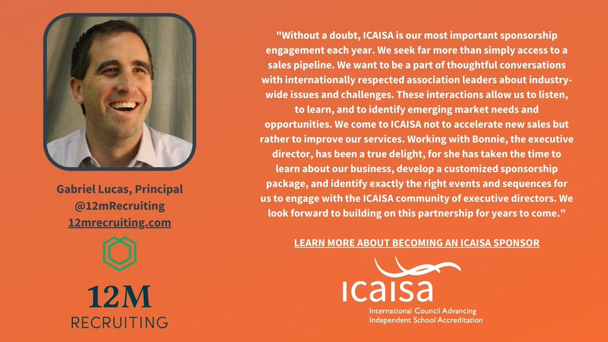 "Without a doubt, ICAISA is our most important sponsorship engagement each year." Thanks <a href="/12mRecruiting/">12M Recruiting</a>! We are honored to have you with us. Learn more about sponsorship opportunities icaisa.org/about/sponsors…