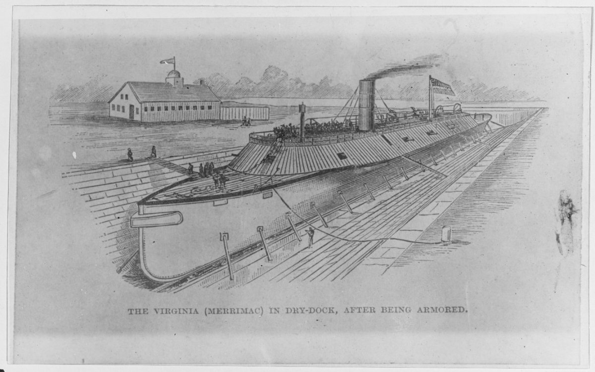 Engraving depicting the ship in drydock at the Norfolk Navy Yard, after the installation of her armor, circa early 1862. She was then nearing completion after conversion from the hulk of USS Merrimack.(NHHC)