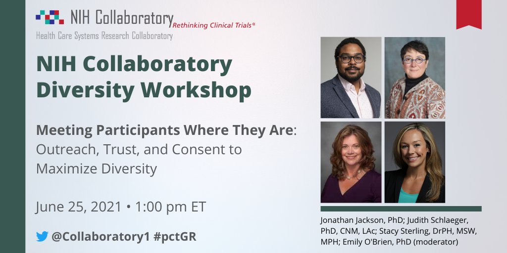 NIH Pragmatic Trials Collaboratory (@collaboratory1) on Twitter photo 📌 This Friday, June 25, our #Diversity Workshop Grand Rounds Series continues with "Meeting Participants Where They Are: Outreach, Trust, and Consent to Maximize Diversity." Join @egaly, <a href="/emilycob/">Emily O’Brien</a>, and our GGC4H and GRACE #pragmatictrial teams.
🔗 bit.ly/3wR4Bc7 #pctGR 📌 This Friday, June 25, our #Diversity Workshop Grand Rounds Series continues with "Meeting Participants Where They Are: Outreach, Trust, and Consent to Maximize Diversity." Join @egaly, <a href="/emilycob/">Emily O’Brien</a>, and our GGC4H and GRACE #pragmatictrial teams.
🔗 bit.ly/3wR4Bc7 #pctGR