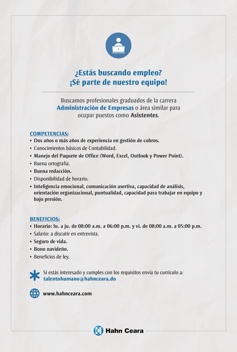 HahnCeara's tweet photo. ¡Sé parte de nuestro equipo!

Buscamos profesionales graduados de la carrera Administración de Empresas o área similar para ocupar puestos como Asistentes. 

Si estás interesado y cumples con los requisitos envía tu currículo a: talentohumano@hahnceara.do. 

#HahnCeara #Empleo https://t.co/tfzQAKgAIl