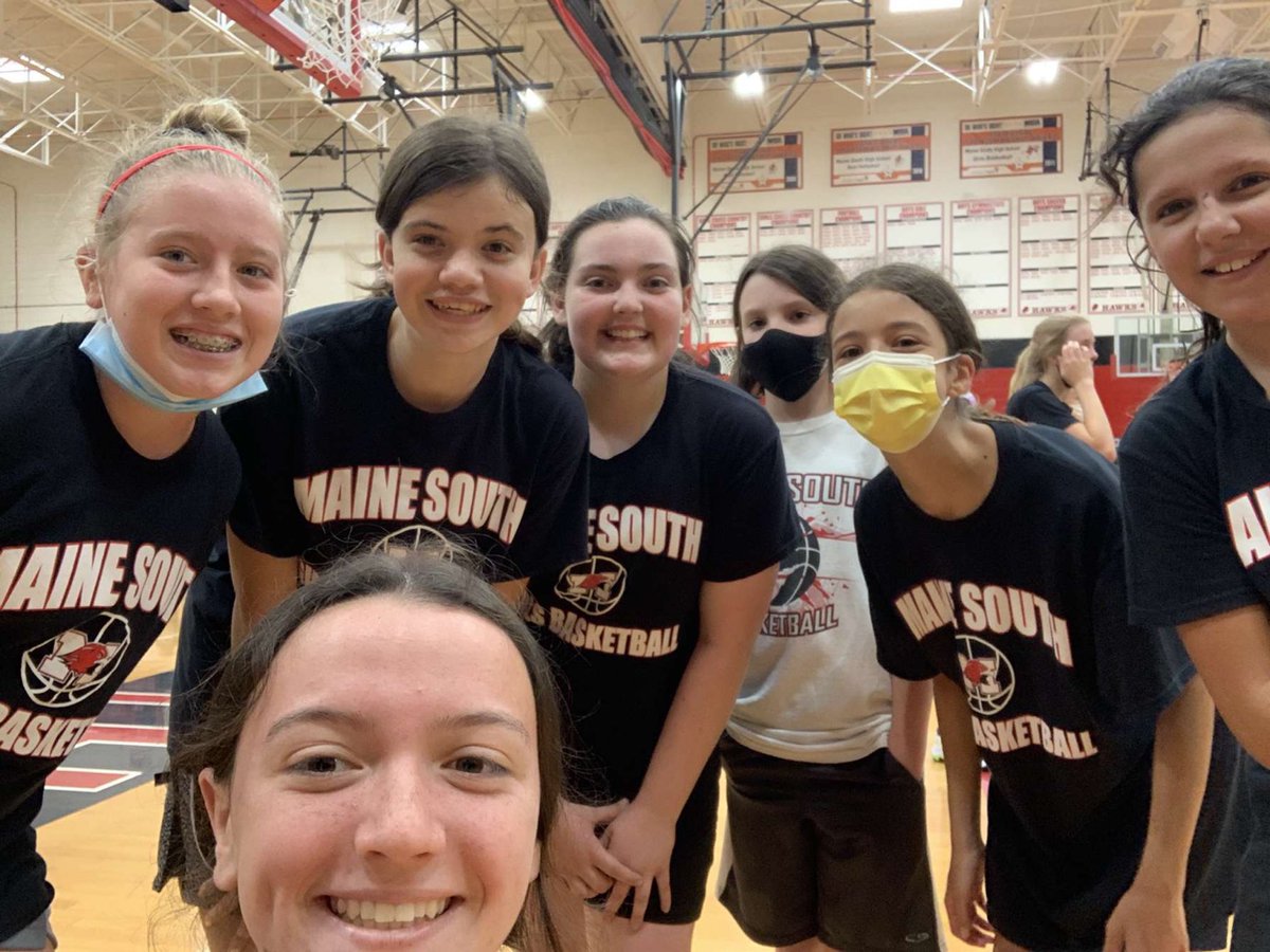 MaineSouthGBB's tweet photo. Great second to last day of camp with the 5 on 5 tournament in progress!  Which team will win it all??  These three teams think it’s them!  @katiebranderr @margaretmiz @carolinebarkerr https://t.co/cMM39INwkN