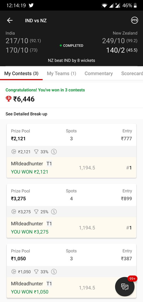 NitishK33662901's tweet photo. @cric11forecast 
One player change rsharma 
Here is the result 
Thank you https://t.co/ZYvhaKh4CK