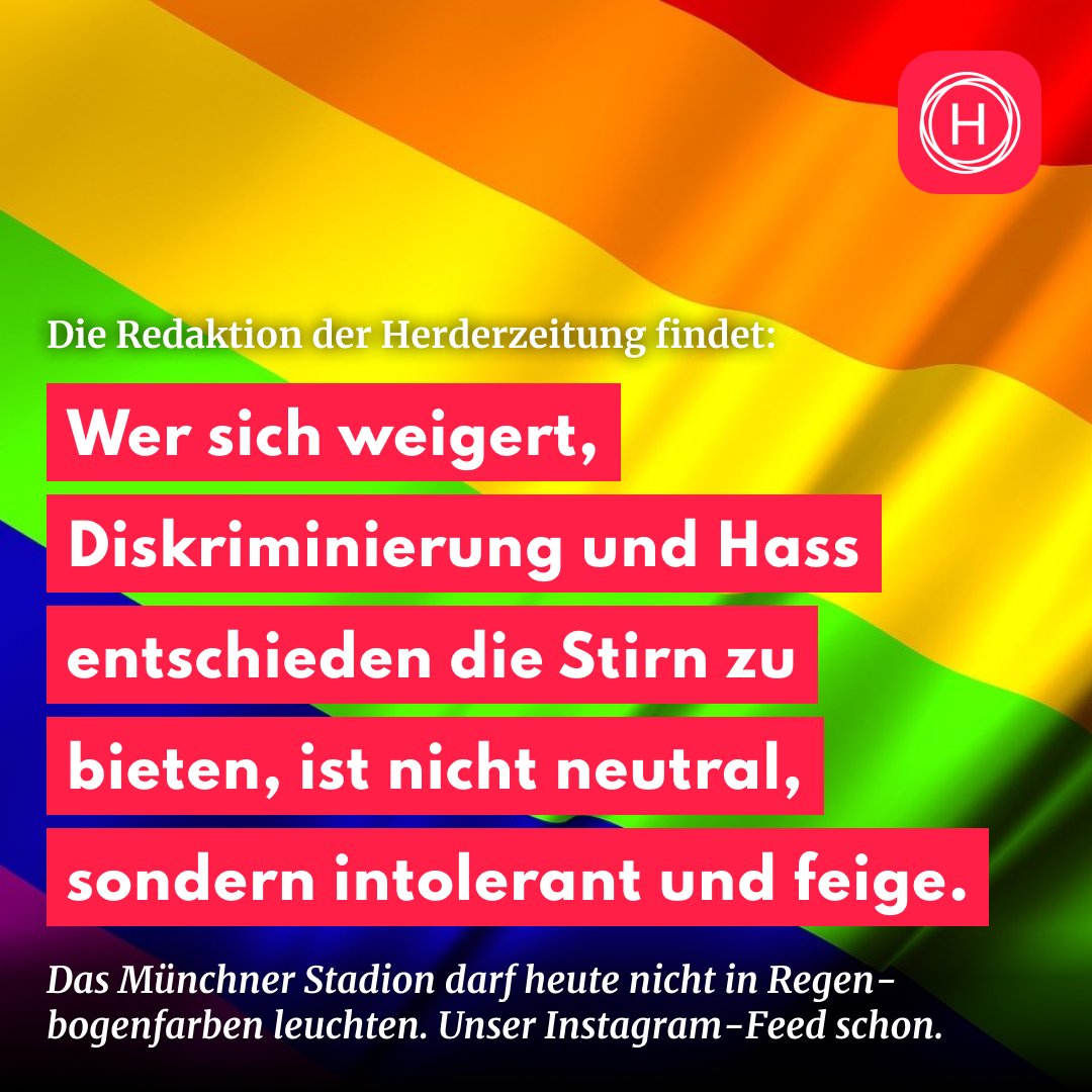herderzeitung's tweet photo. Die ungarische Regierung unter Viktor Orbán hat ein Verbot für die Aufklärung junger Menschen über #Homosexualität und deren Darstellung in der Kultur und in den Medien verabschiedet. In Reaktion darauf wollten die Veranstalter*innen das Münchner Stadion heute beim Spiel... https://t.co/PJjkZiDafI