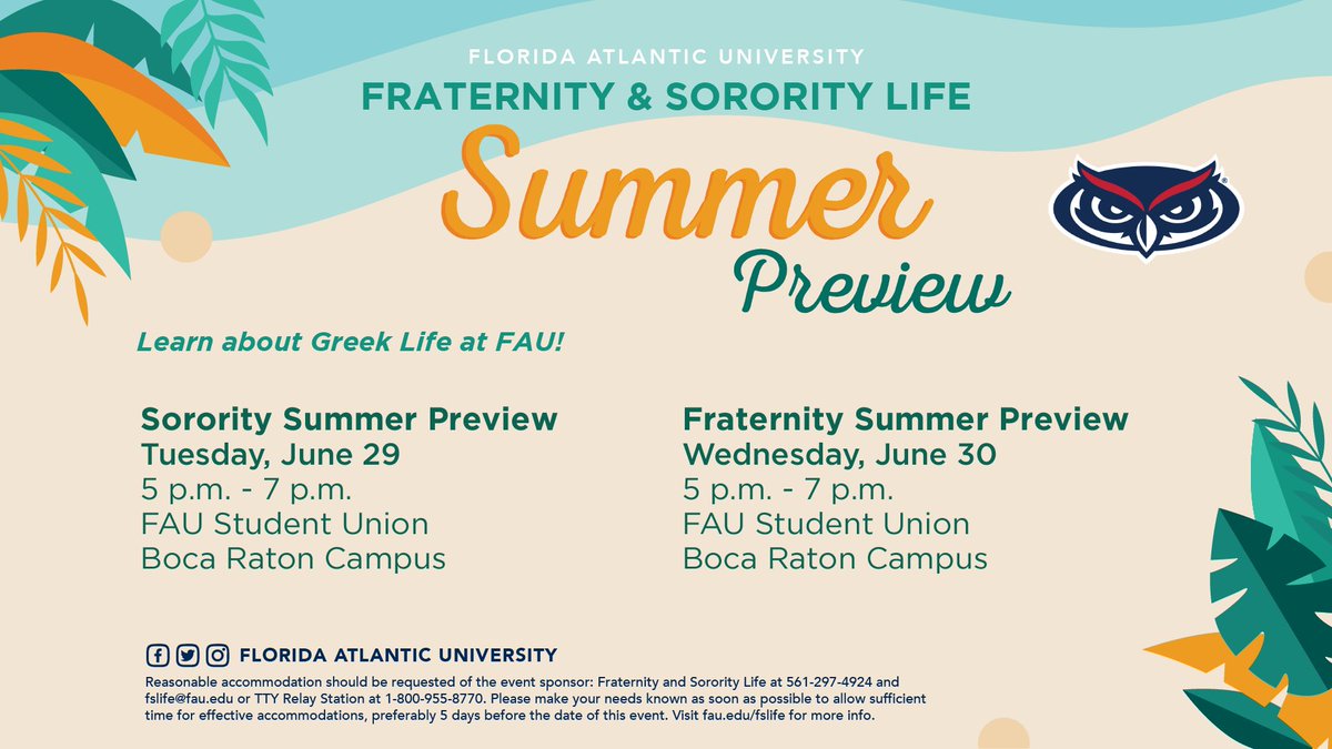 We’re less than a week out until Summer Preview begins! Begin the journey to becoming the best version of yourself and finding your family here at FAU

Sorority Summer Preview is on the 29th and Fraternity Summer Preview is on the 30th, look below for more details!

#fau #fau25