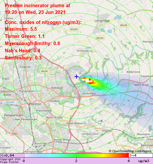 plumeplotter's tweet photo. Latest Preston incinerator plume plot, 19:20 23/06/21 #TurnerGreen #MyerscoughSmithy #NabsHead https://t.co/vYUTMnLQDm https://t.co/w0jHO2G1po