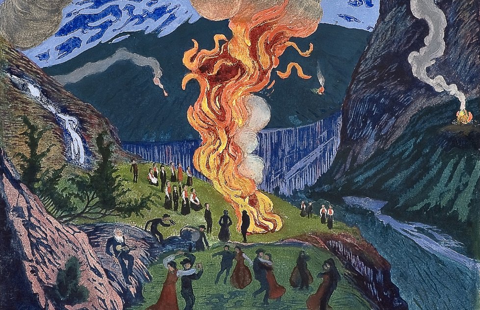 NorwayAmbGhana's tweet photo. 24 June we celebrate #StHans or #Jonsok, Mid Summer night with bonfires & partying. Ancient tradition in Nordic/Baltic countries, here beautifully illustrated by Norwegian 🇳🇴artist #NikolaiAstrup in 1912. Partying still enthusiastically taking place! @visitnorway @nasjonalmuseet https://t.co/t7TLClByBy