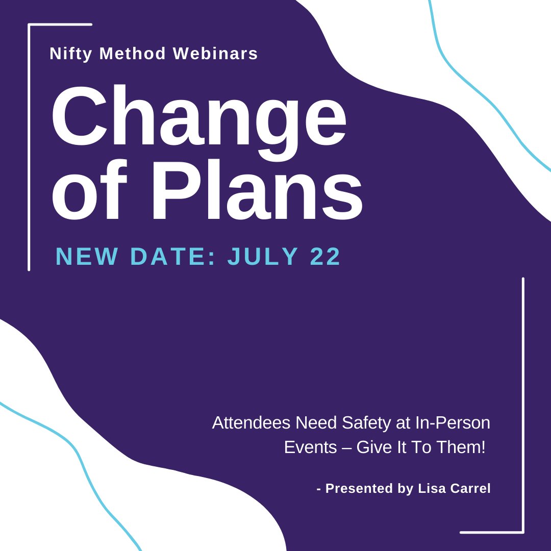 Same webinar, new date 🌟 Mark your calendars for our new date with Lisa Carrel: July 22, 2021. You can still register here (if you haven't already): hubs.ly/H0QQFGN0 Don't miss out! We can't wait to see you.

#niftymethod #proxfinity #webinar #eventplanning #eventtech