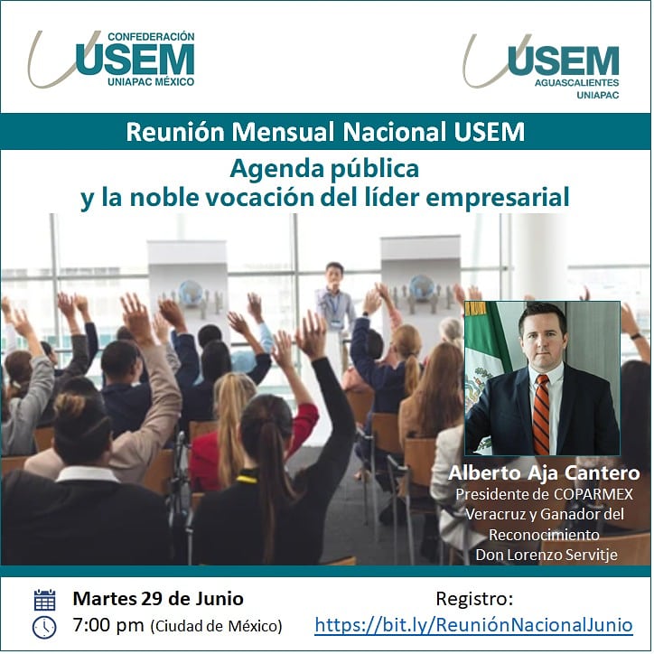 UsemVeracruz's tweet photo. De parte de #USEMVeracruz los invitamos a la
Reunión Mensual Nacional USEM
Agenda pública y la noble vocación del líder empresarial
Alberto Aja Cantero 
Presidente de Coparmex Veracruz  y Ganador del Reconocimiento Don Lorenzo Servitje https://t.co/Meo4r6YPUQ