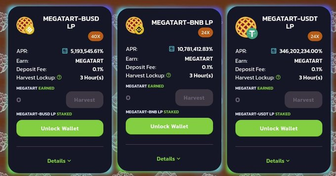 The first Delicious MEGATARTS will appear mostly in MEGATART-BUSD, MEGATART-BNB and MEGATART-USDT Pools . 

We expect everyone to farm. The first investors always deserve to win. Happy Farming  

tartfinance.com

#TartFinance #Defi #BSC #YieldFarming #staking #DAPPS