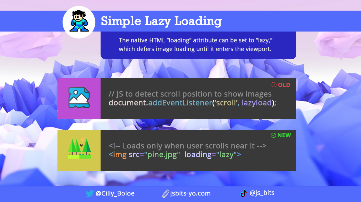Cilly_Boloe's tweet image. The loading=&quot;lazy&quot; attribute natively defers image loading until it enters the viewport. 🖼️

Article: dev.to/cilly_boloe/si…

#JSBits #javascript #100DaysOfCode #javascript30
