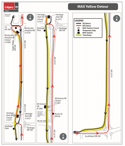calgarytransit's tweet photo. #CTRiders starting tonight, June 23 until June 28 from 20:00 to 05:00 nightly. For the #Route304 Max Yellow
Northbound MAX Yellow detoured off the Transitway:
• East on Southland DR SW
• North on 14 ST SW
• West on Heritage Park
• North onto NB Transitway to regular routing https://t.co/esCtBEARuf