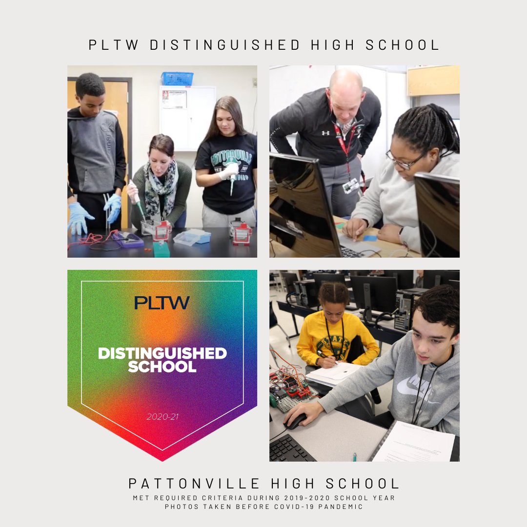 Pattonville HS was recognized as a 2020-2021 PLTW Distinguished School, one of only 204 High Schools nationwide. We have an excellent team that works to ensure access to excellent PLTW/STEM programs and pathways. <a href="/MartinezHolly/">Holly Martinez</a> <a href="/jtsimmons108/">Jeremiah Simmons</a> <a href="/chiripitiyage/">Cara Hiripitiyage</a> <a href="/JobePHS/">Jamie Jobe</a> <a href="/MeganHernke/">Megan Hernke</a>