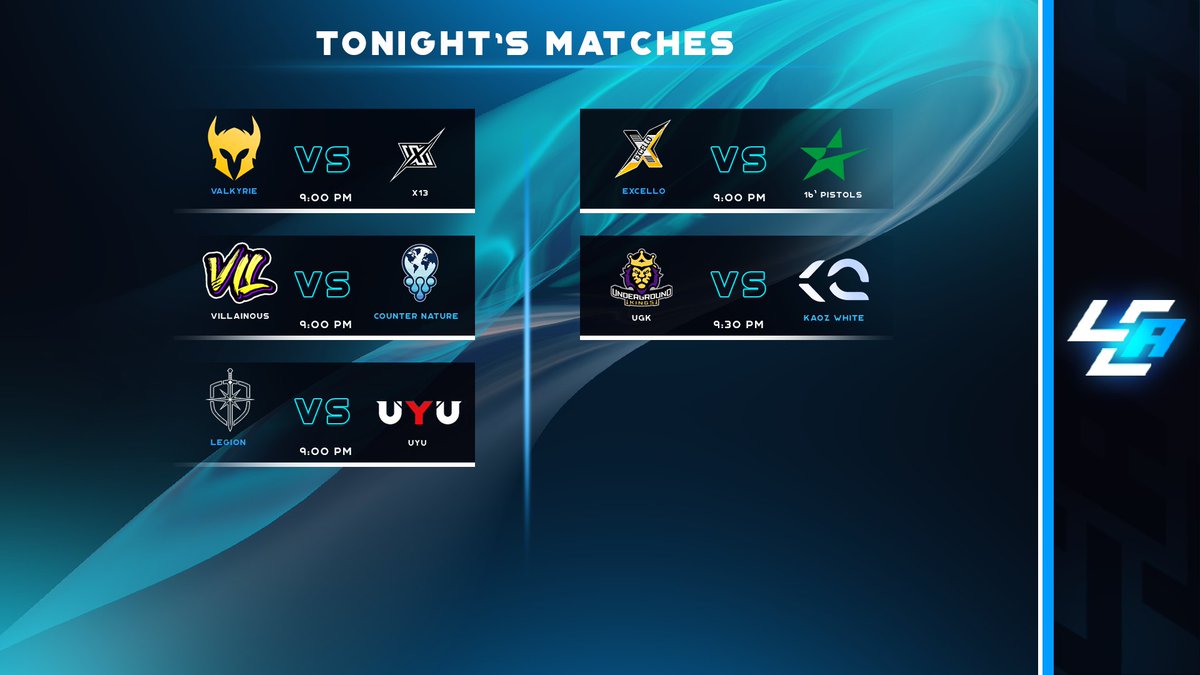 LCA Broadcasting (@lcabroadcasting) on Twitter photo Tonight's matches covered by LCA! ๐จ
โ๏ธ <a href="/ValkyrieLLC/">VALKYRIE</a> VS <a href="/X13GG/">X13</a>
๐๏ธ <a href="/BignTallMatt/">BignTallMatt</a>
๐บ twitch.tv/valkyriellc
โ๏ธ <a href="/Villainous_Team/">Team Villainous</a> VS <a href="/CounterNature/">Counter Nature ๐ฆ</a>
๐๏ธ <a href="/Deprivee_/">Deprive | Jackson</a>
๐บ twitch.tv/team_villainous
โ๏ธ @LGN_HQ VS <a href="/UYU/">UYU</a>
๐๏ธ <a href="/PeaceCSXD/">Peace</a>
๐บ twitch.tv/legionhq_ttv
โฐ 9pm EST
1/2 Tonight's matches covered by LCA! ๐จ
โ๏ธ <a href="/ValkyrieLLC/">VALKYRIE</a> VS <a href="/X13GG/">X13</a>
๐๏ธ <a href="/BignTallMatt/">BignTallMatt</a>
๐บ twitch.tv/valkyriellc
โ๏ธ <a href="/Villainous_Team/">Team Villainous</a> VS <a href="/CounterNature/">Counter Nature ๐ฆ</a>
๐๏ธ <a href="/Deprivee_/">Deprive | Jackson</a>
๐บ twitch.tv/team_villainous
โ๏ธ @LGN_HQ VS <a href="/UYU/">UYU</a>
๐๏ธ <a href="/PeaceCSXD/">Peace</a>
๐บ twitch.tv/legionhq_ttv
โฐ 9pm EST
1/2