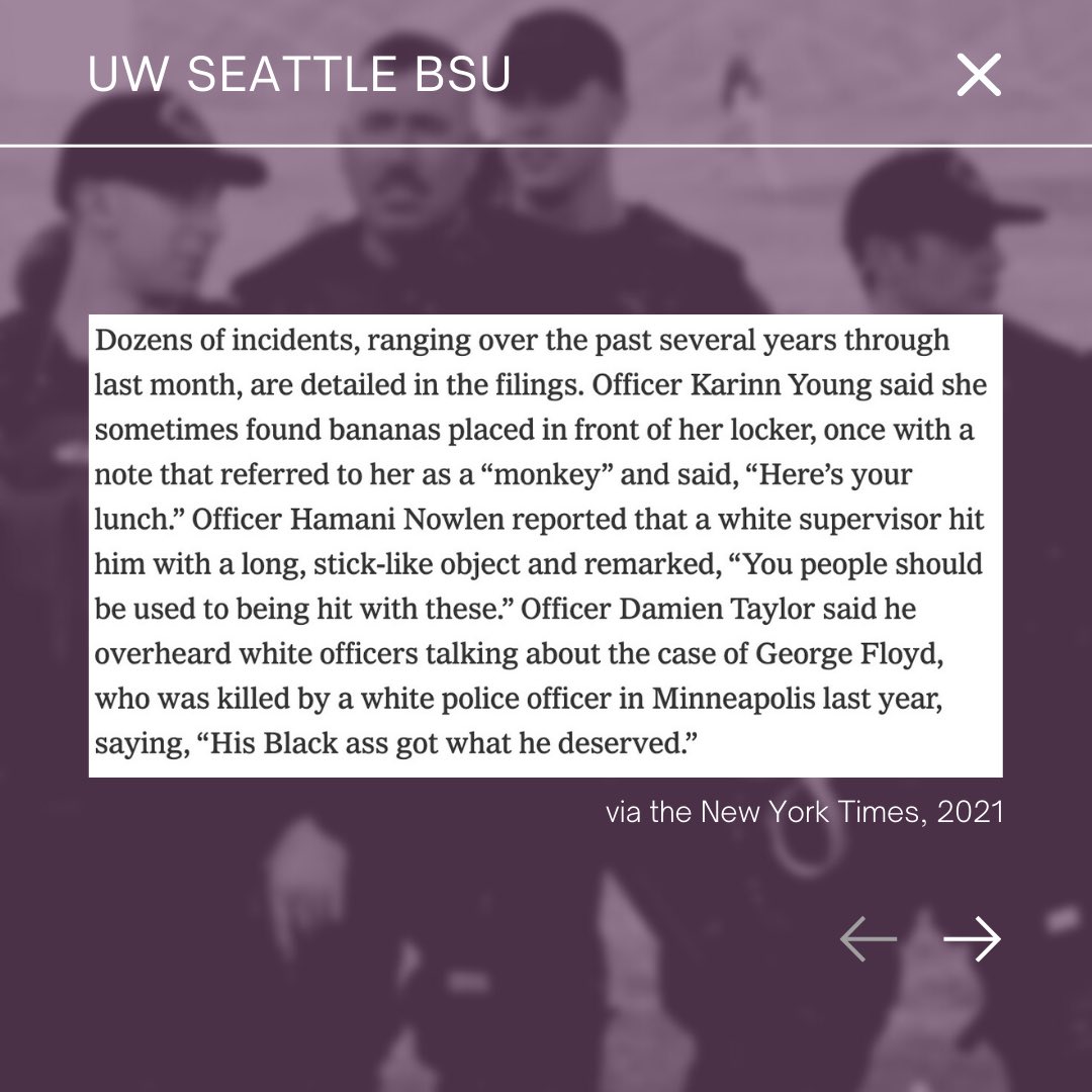 UWSeattleBSU's tweet photo. @UW_Police is Anti-Black.
On June 22, @nytimes published an article highlighting the ‘unbearable’ accounts of racism endured by Black UWPD officers within UWPD.  (1/2) https://t.co/BrnQjDFqbX