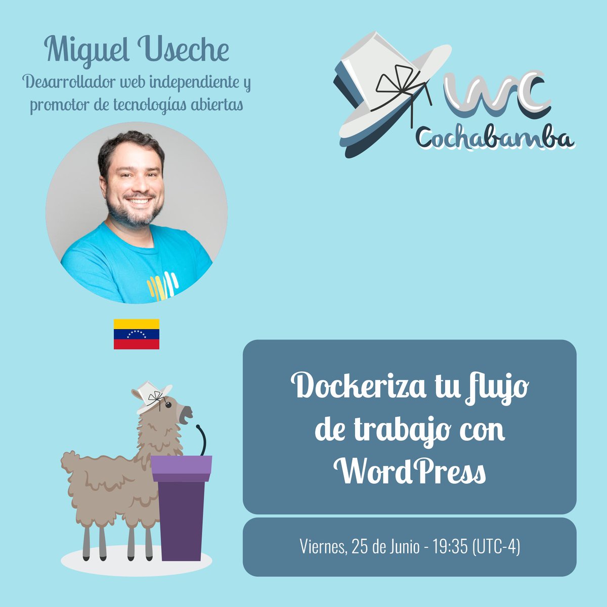 skatox's tweet photo. Este viernes 25 de junio a las 7:35pm (UTC -4) estaré en el #WordCamp #Cochamba #Bolivia hablando sobre como usar #Docker con #WordPress. ¡Te espero! https://t.co/Cdo01Zu7Up
