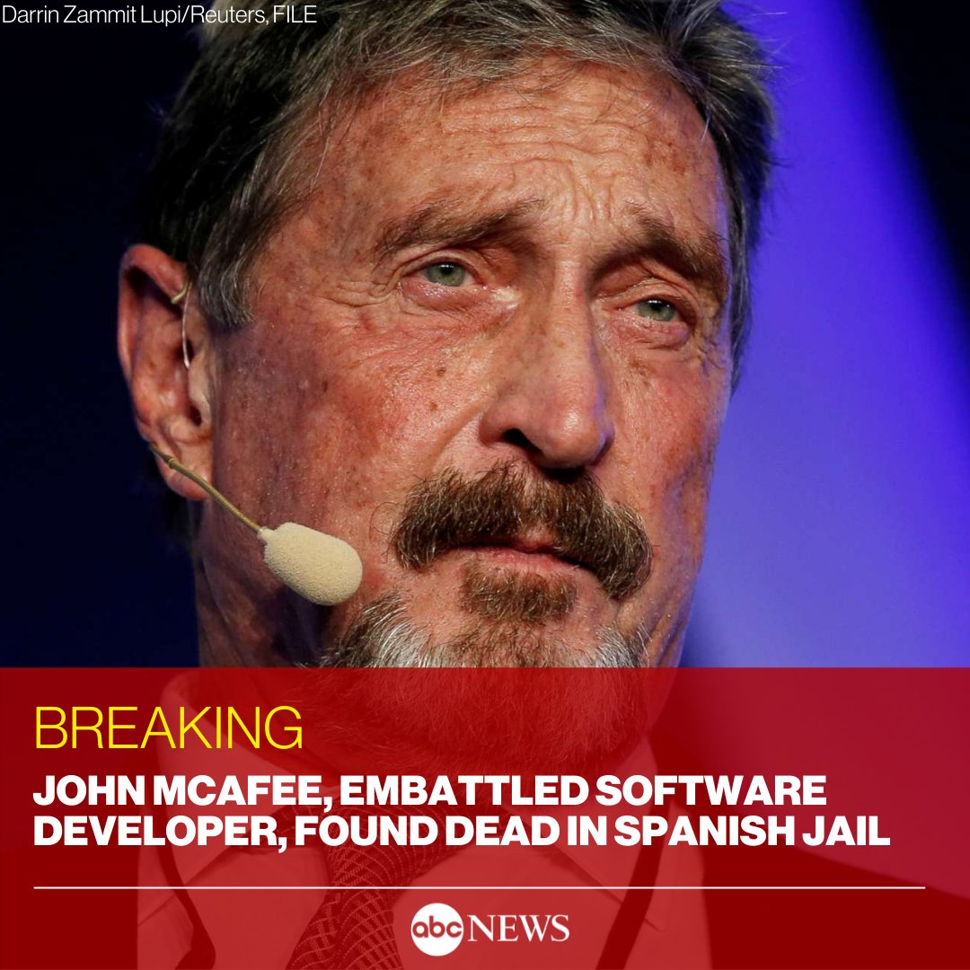 John McAfee, founder of McAfee Antivirus, was found dead in his cell in a Spanish jail, his lawyer confirmed to ABC News.

McAfee faced securities fraud charges and extradition to the U.S. at the time of his death. 

More: abcn.ws/3qjPkho