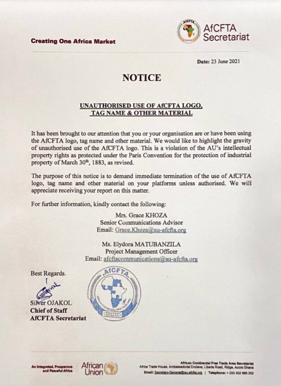 AfCFTA's tweet photo. As the AfCFTA Secretariat only has one official Twitter account, sharing information about the AfCFTA and all activities related to it, all other accounts using the AfCFTA logo, tag name and other material should take note of the following notice and act accordingly. https://t.co/ChSfK59e3e