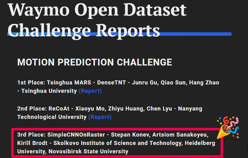 artsiom_s's tweet photo. I'm happy to announce that our team (me, @KonevSteven, K. Brodt) was awarded 3rd place within the Waymo Motion Prediction Challenge 🥳

Task: predict trajectories of the agents for 8 seconds into the future.

📜Technical report https://t.co/LRxrgCibta
We also released our code ↓ https://t.co/HpzrmlWHmM