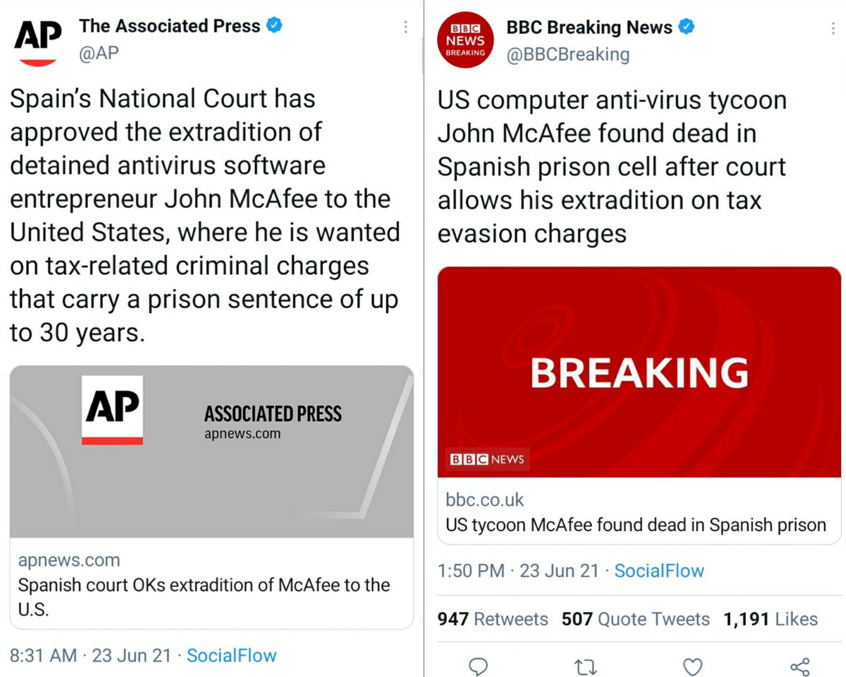 Dataracer117's tweet photo. John McAfee said he'd never kill himself. 5 hours after announcing extradition, he's found dead.

Him &amp; his wife both predicted this. https://t.co/A2SaonCbFK