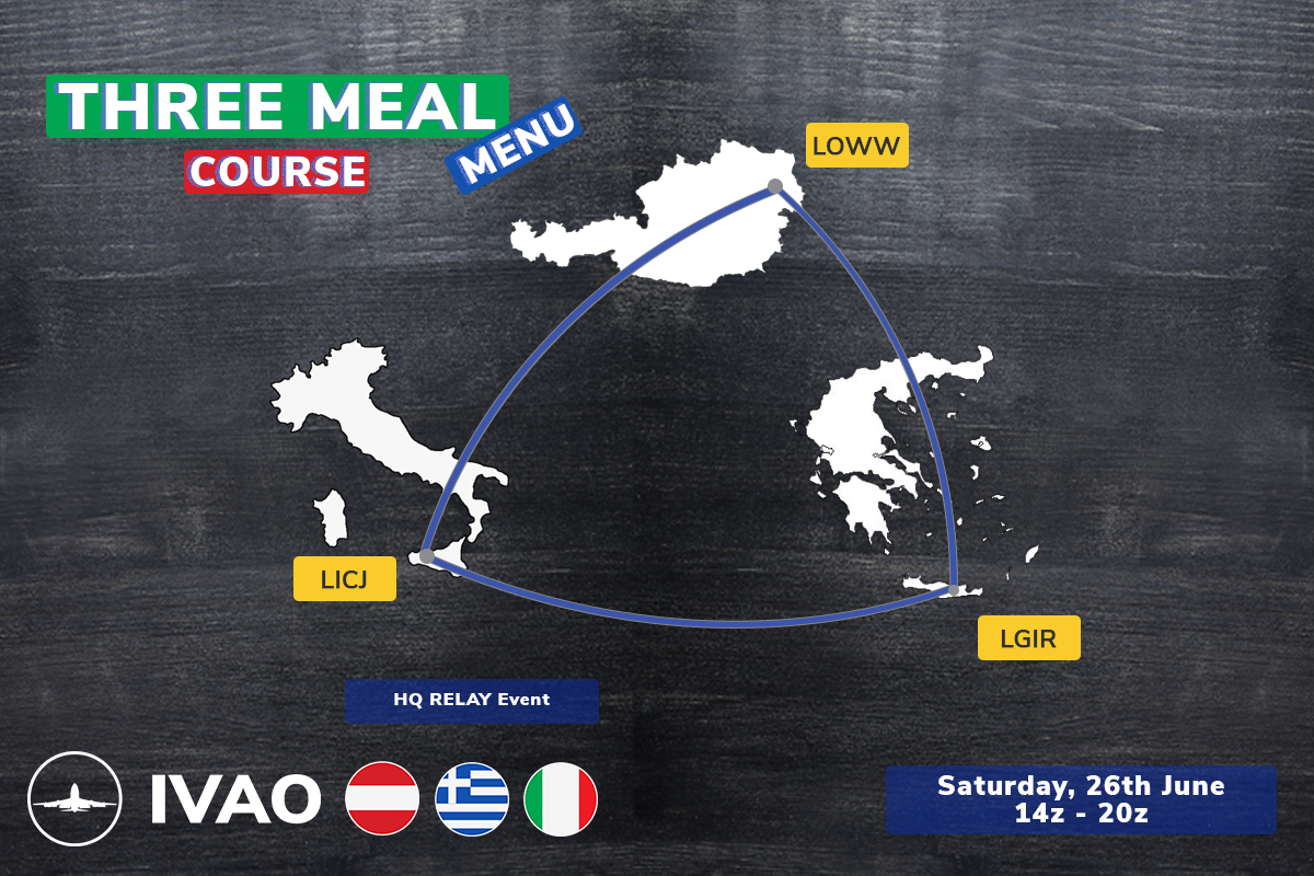 IVAO_GR's tweet photo. [26 JUN | 12z-20z] [HQ+GR+AT+IT] Three Meal Course

Enjoy our RELAY @ivaoaero HQ event between @IVAO_GR , @IVAOIT  and @IVAOAustria on the upcoming Saturday full of ATC

See you all there😃

#ivaogreece #ivao #ivaoaustria #ivaoitaly #simulation #simulator #ivaogr #ivaoat #ivaoit https://t.co/hdiWyHndXB