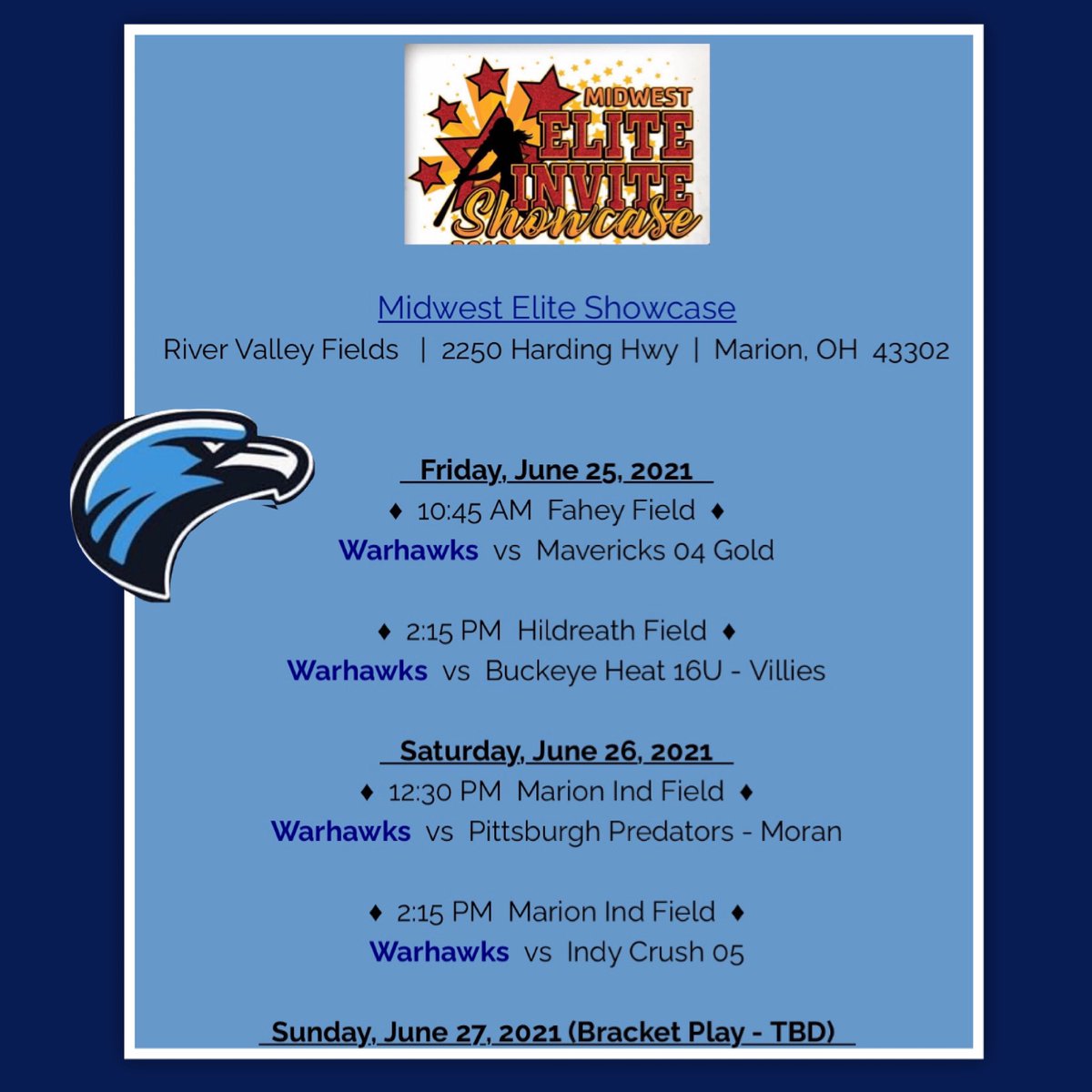 05WarhawksSB's tweet photo. 💙🥎💙 SCHEDULE ANNOUNCEMENT #05WarhawksSB #WeBattle &amp; #WeReady! 💙🥎💙 https://t.co/46dPCVHs1h