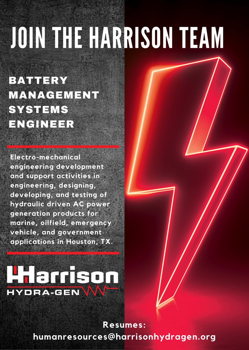 Harrison_Hydra's tweet photo. We are growing! 

We are seeking a Battery Management Systems Engineer to join the Harrison Team in Houston, TX.

For more information: https://t.co/S1fvidEjiu

#nowhiring #houston #engineer #engineering #engineeringjobs #jobsearch #careers #jobhunt
#employment #jobposting #HR https://t.co/5uhh95mLqj