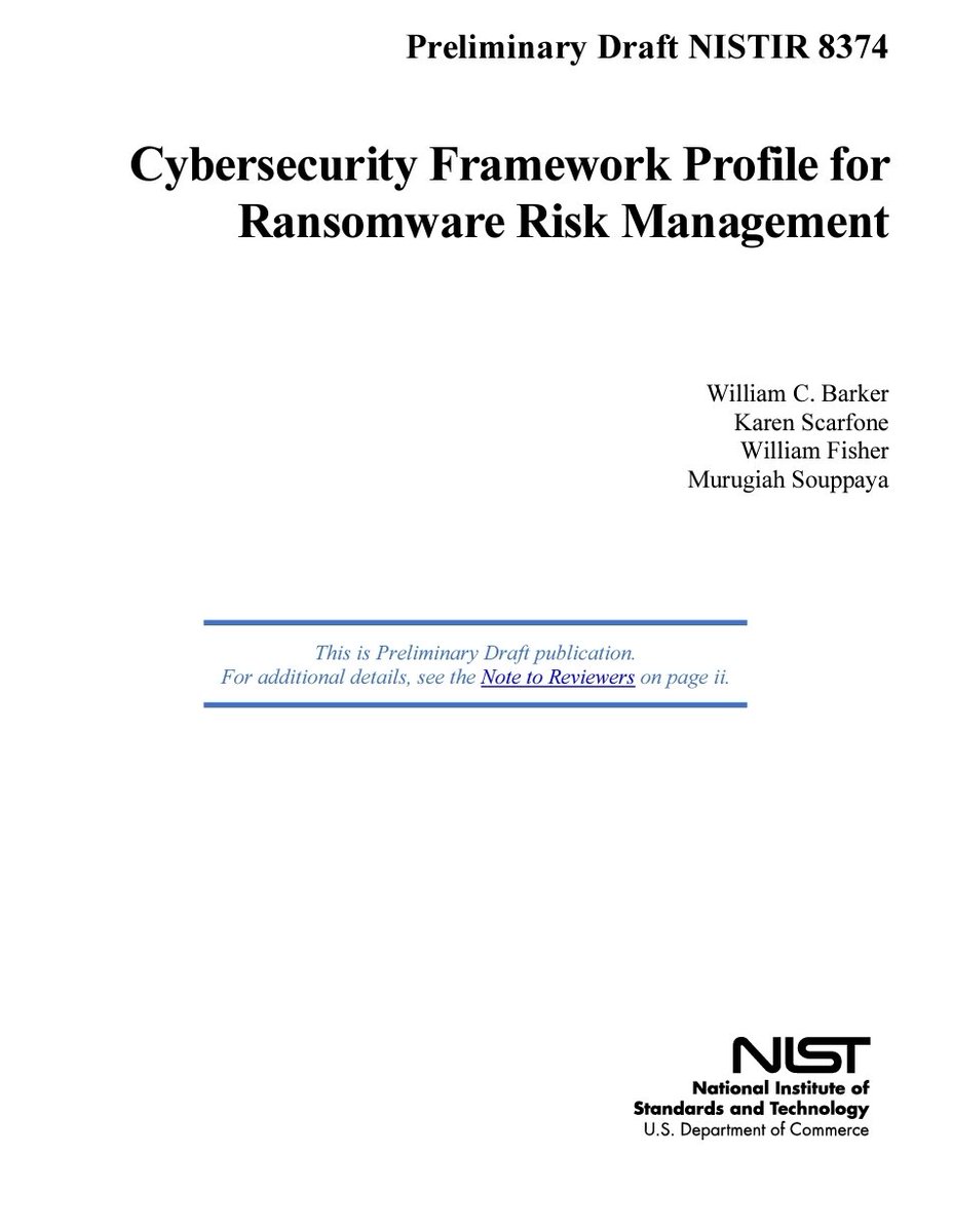 pcoronaf's tweet photo. NIST publica "Cybersecurity Framework Profile for Ransomware Risk Management" para evaluar em perfil de riesgo de ransomware de las empresas, para ser usada en conjunto con el cybersecurity framework
https://t.co/u1YTKM6QIY https://t.co/dLG7Qok1CB