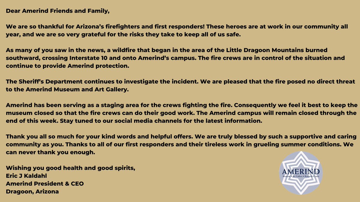 AmerindMuseum's tweet image. Amerind Museum - Walnut Fire Update
#AmerindMuseum #WalnutFire