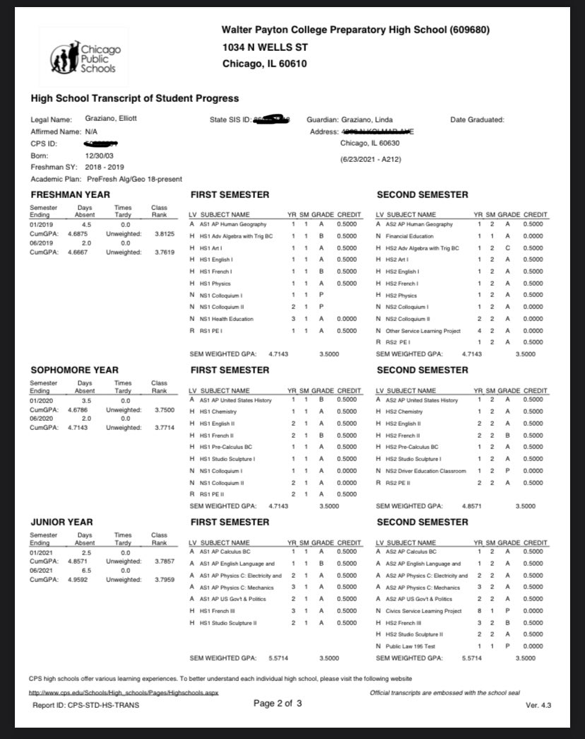 6 semester high school transcript is in from Walter Payton College Prep. Weighted GPA of 4.959 and unweighted GPA of 3.795.