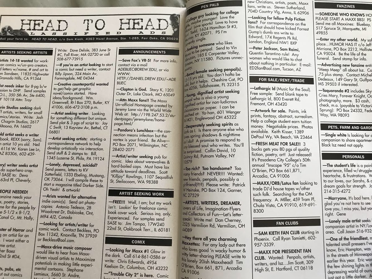 Thank you kindly to Ian Thomas for sharing this required reading from the classified section from the original floppies of The Maxx,! Incredible!