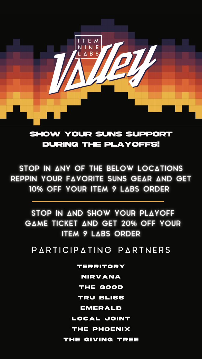How did you show support for the <a href="/Suns/">Phoenix Suns</a> yesterday? Hop into one of these partnering dispensaries for 10% off Item 9 Labs when wearing your Suns gear and 20% off when you show your playoff game ticket! 🏀🌱