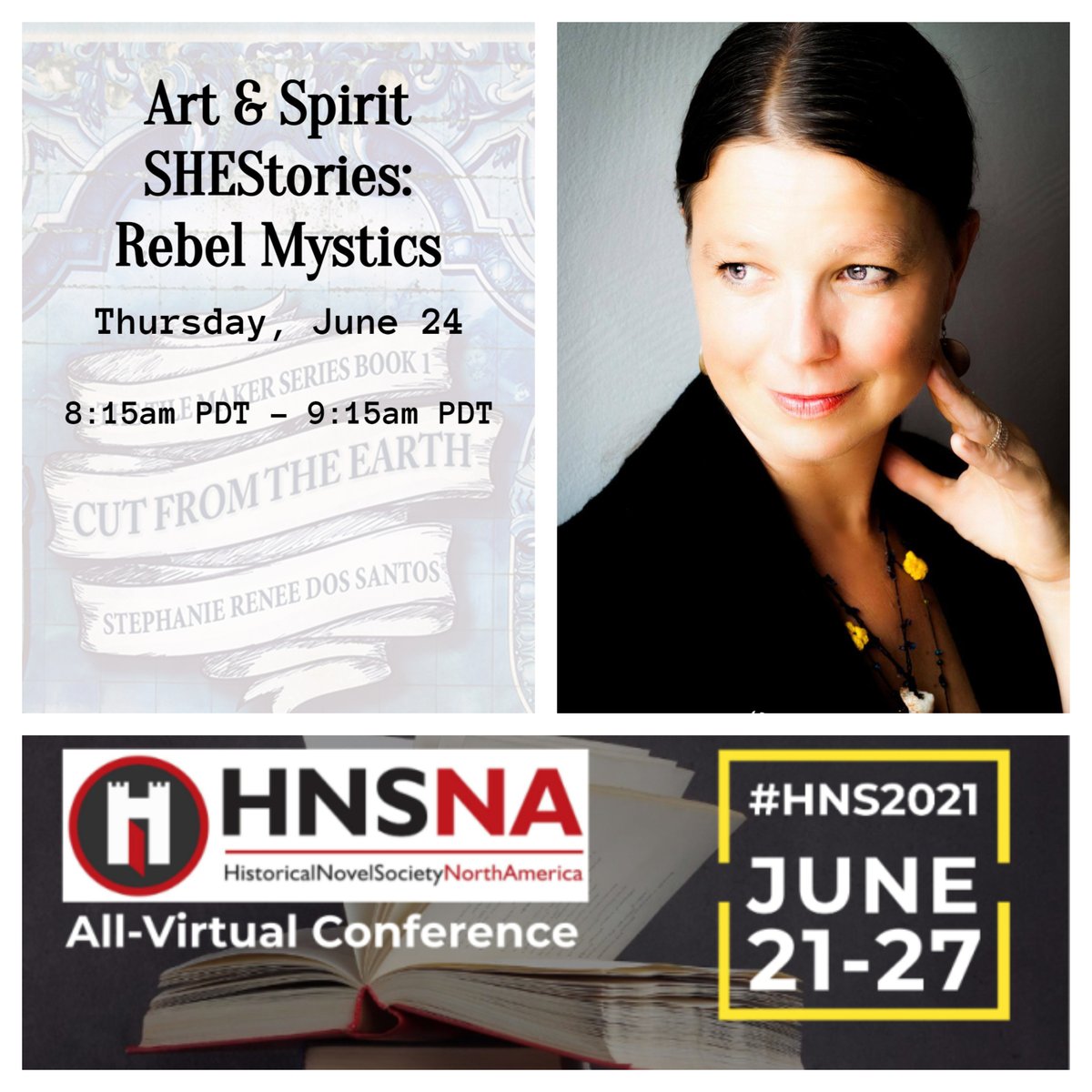 Join us tomorrow at the 2021 Historical Novel Society Conference for the pane-talk "Art &amp; Spirit SHEStories: Rebel Mystics"! Sure to be engaging and informative as artsy authors Kris Waldherr, Laura Morelli, Nancy Bilyeau and myself talk it up!

#HNS2021 #HNS #HistoricalFiction
