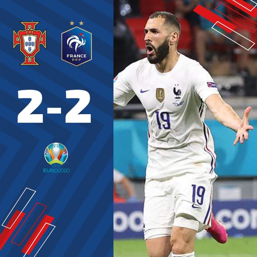 ASBombardiere's tweet photo. [PORTUGAL/FRANCE] 🔵⚪️🔴

🆗 Un match nul qui arrange les 2 équipes qui se qualifient pour les 1/8 de finale.

⚽ Le doublé de Cristiano Ronaldo 🇵🇹 répond à celui de @Benzema 🇫🇷 !

⏯ L' @equipedefrance termine 1ère du groupe F ! 

#FFF #FiersdetreBleus #Benzema https://t.co/yWgAmcDKe0