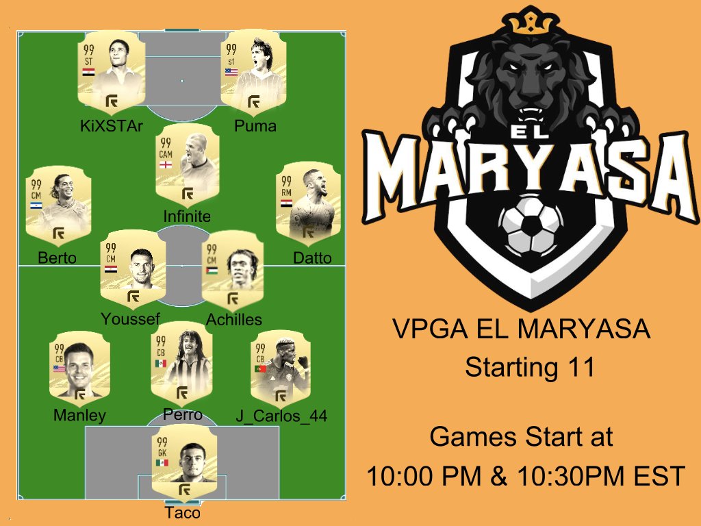 EMaryasa's tweet photo. Here is Your Starting 11 for Todays VPGA Games.
Debut night for MightyMikePuma at Right Striker. 

Watch our games over at:
https://t.co/22PRczYAfG https://t.co/9qpFHSPk8b