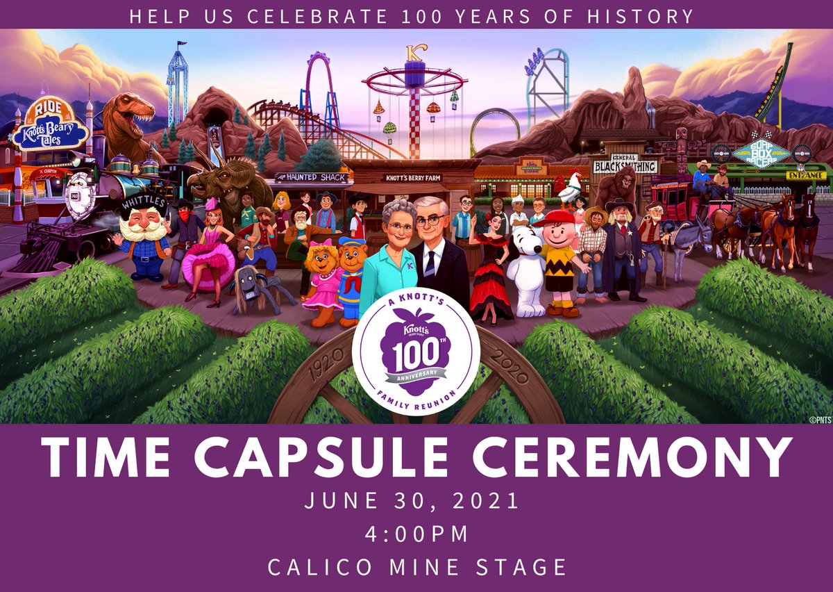 knotts's tweet photo. In honor of Knott’s Berry Farm’s 100th Anniversary Celebration, the park will be hosting a Time Capsule Ceremony on Wednesday, June 30 at 4 pm to commemorate the past and present memories created throughout the last 100 years. #knotts100 https://t.co/twnYzwAh0u