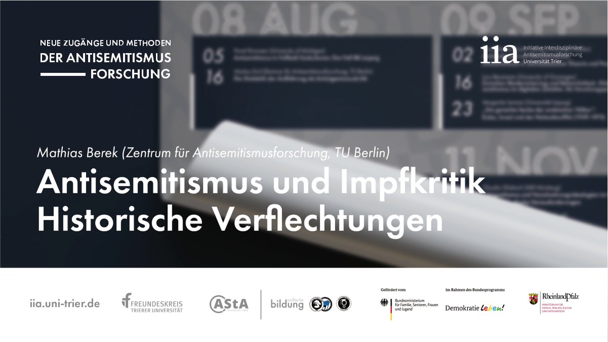 iia_trier's tweet photo. Morgen (24.06.) findet der erste Vortrag unserer neuen Veranstaltungsreihe statt! @mathiasberek wird über die historischen Verflechtungen von #Impfkritik und #Antisemitismus referieren! Los geht's um 18 Uhr auf Youtube: https://t.co/KNNvodjoDu https://t.co/XSehGWkmVJ