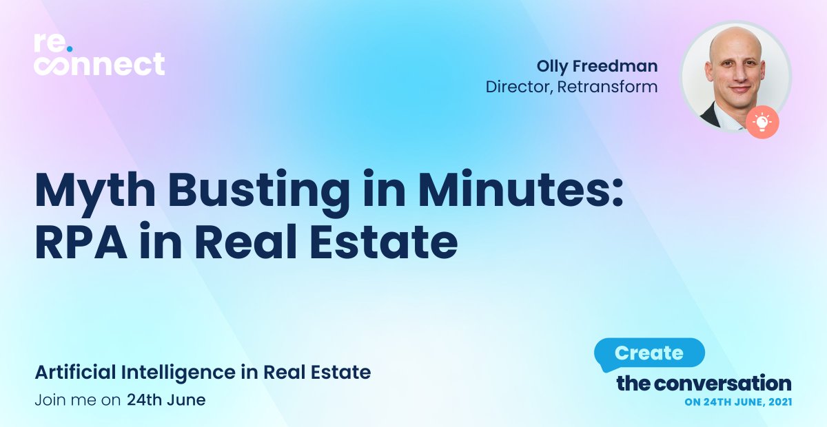Don't forget to tune in to hear our Director for Europe, <a href="/ollyfreedman/">Olly Freedman</a>, this week as he busts myths about #RPA in #realestate.

Sign up for free: lnkd.in/gj7D5Sv

#reconnect <a href="/eddie_holmes/">Eddie Holmes</a>  <a href="/jamesdearsley/">James Dearsley</a> <a href="/PropTechMarty/">Marty Sim</a>
