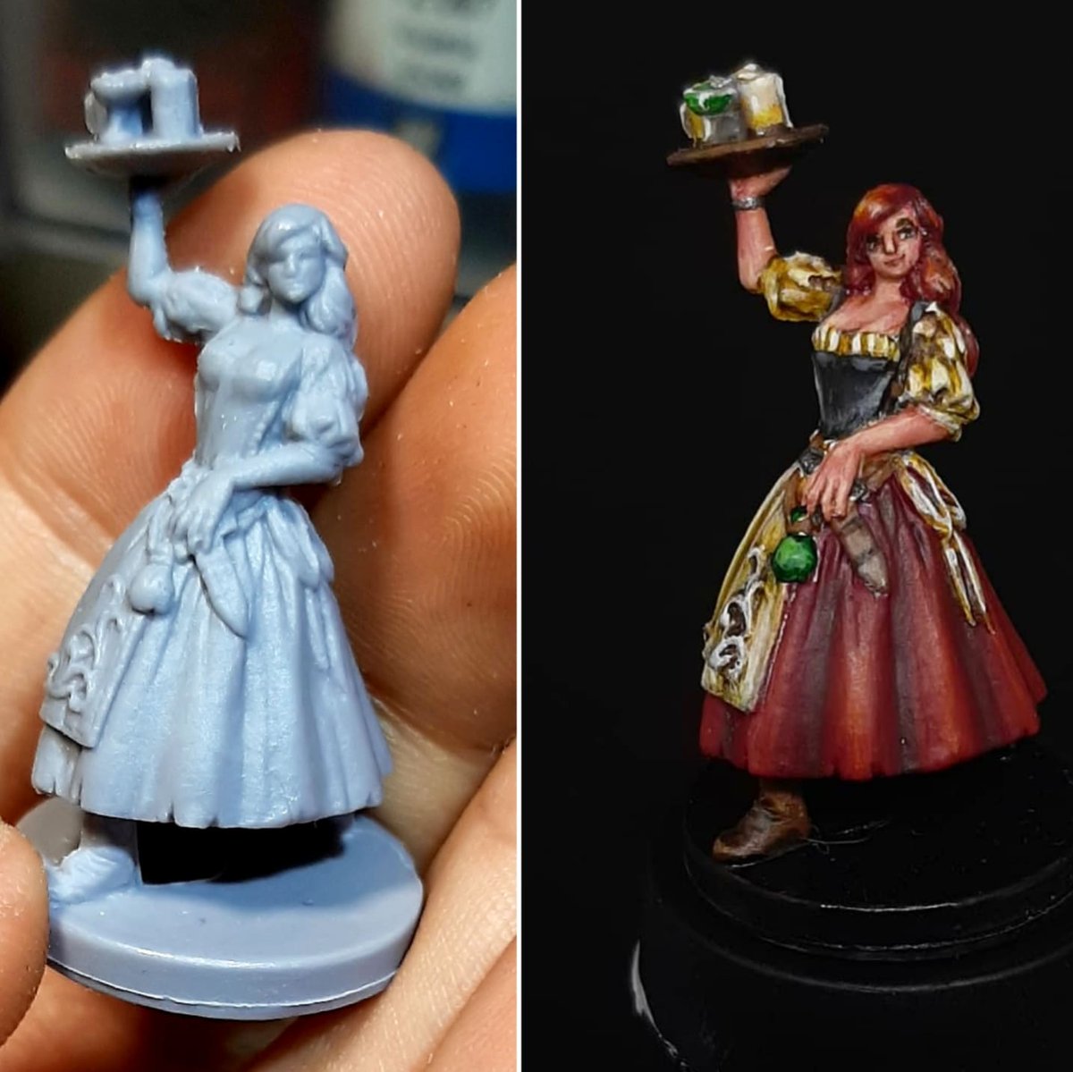 CrafterYshi's tweet photo. Me encanta cómo cambia todo en una figura cuando la pintas, no solo es agregarle color, es darle personalidad y estilo, poner un poco de ti en ella 🤓 #paintingminiatures #beforeandafter #talisman4thedition #TavernMaid https://t.co/NV7q3TkBQH