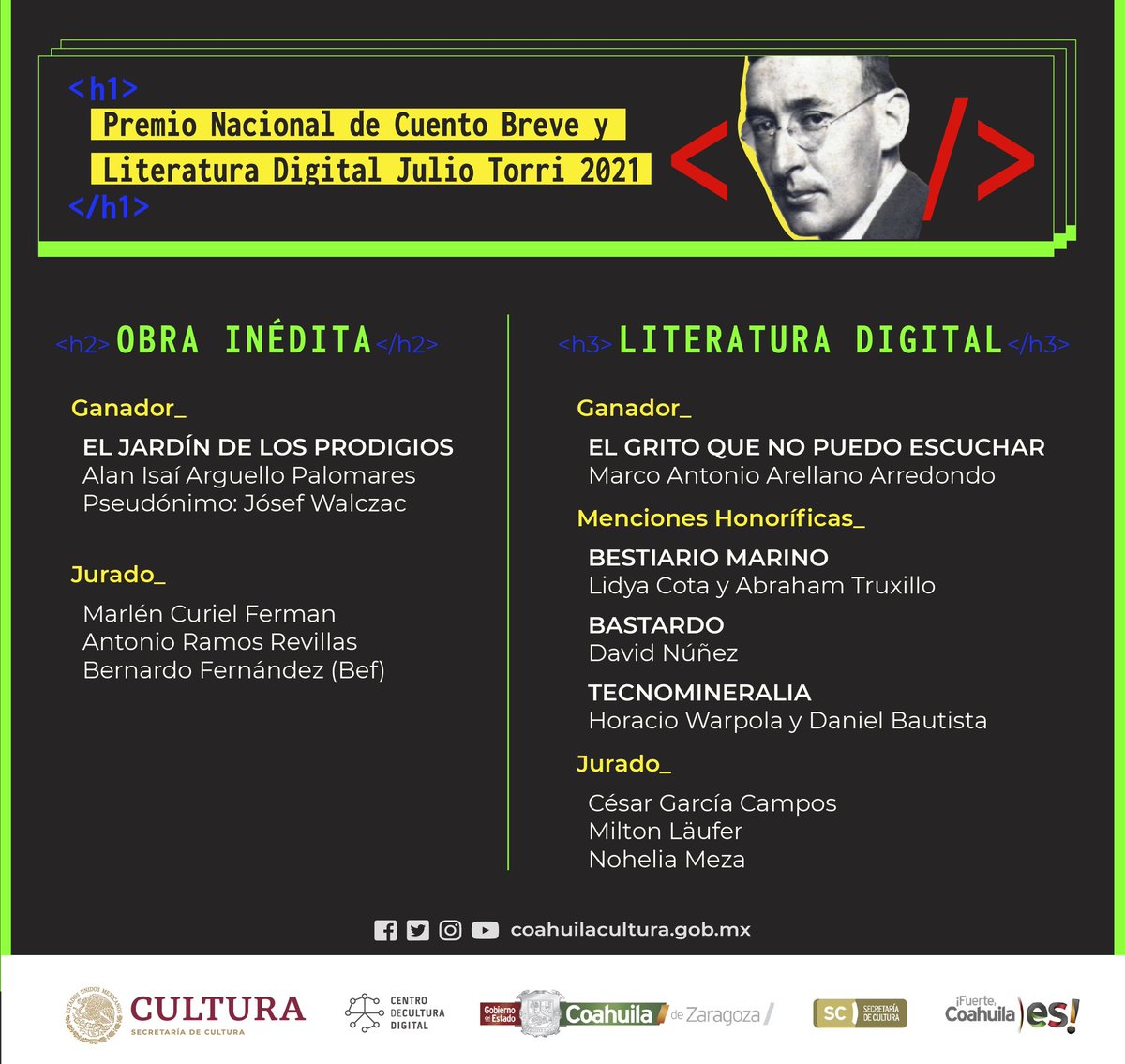 CulturaCoahuila's tweet photo. Muchas felicidades a los ganadores de las categorías #ObraInéfita y #LiteraturaDigital del Premio Nacional de #CuentoBreve #JulioTorri 2021, ambos
¡orgullosamente coahuilenses!
@GobDeCoahuila @mrikelme
@CCDmx https://t.co/SED0LTbIQz