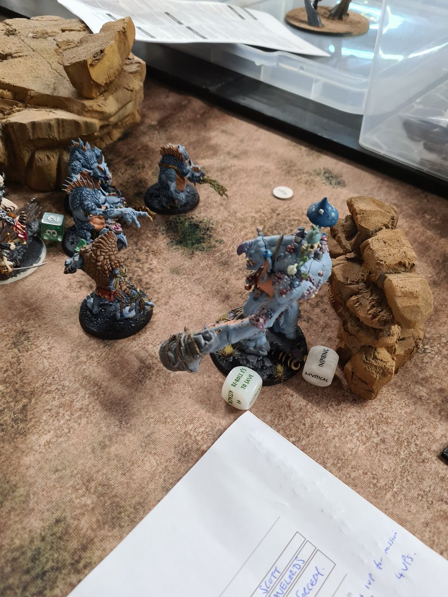 Troggmeta's tweet image. Trogg have first game of AoS 3.0 v gravelords. Trogg smash silly dragon, stupid beast man and lots of skeletons. But silly skeletons come back from graves. Stupid skeletons! Trogg use @HonestWargamer scoresheet to help track game. Trogg endorse scoresheet.