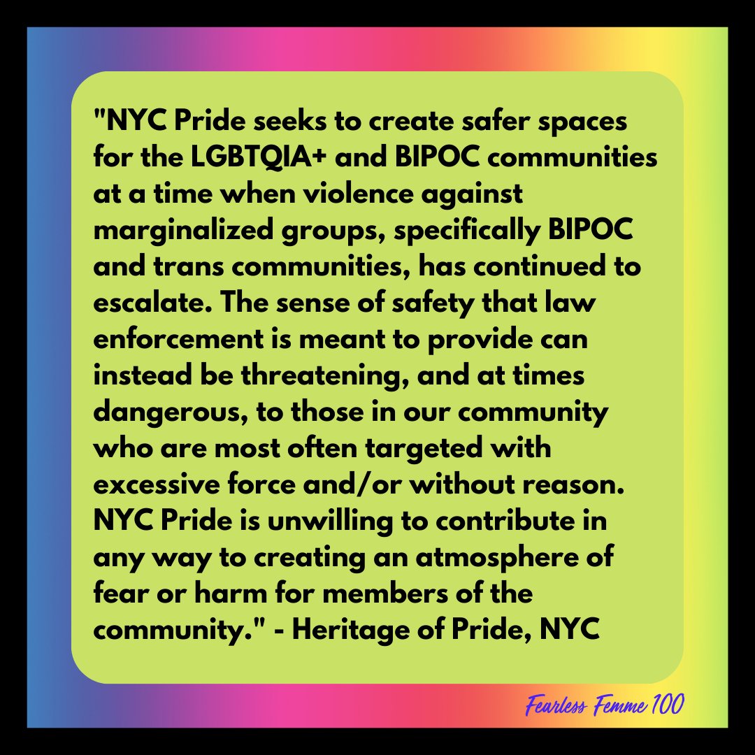 FFemme100's tweet photo. NYC BANS COPS FROM PRIDE! 🥳

Cops have always had a violent history with the LGBTQ community, it's time we build a world beyond the police where we keep each other safe. ❤️

#PrideMonth2021 #TheFirstPrideWasARiot #QTBIPOC #LGBTQ #TransLiberation #QueerLiberation #NoCopsAtPride https://t.co/L0PZCVEnTD