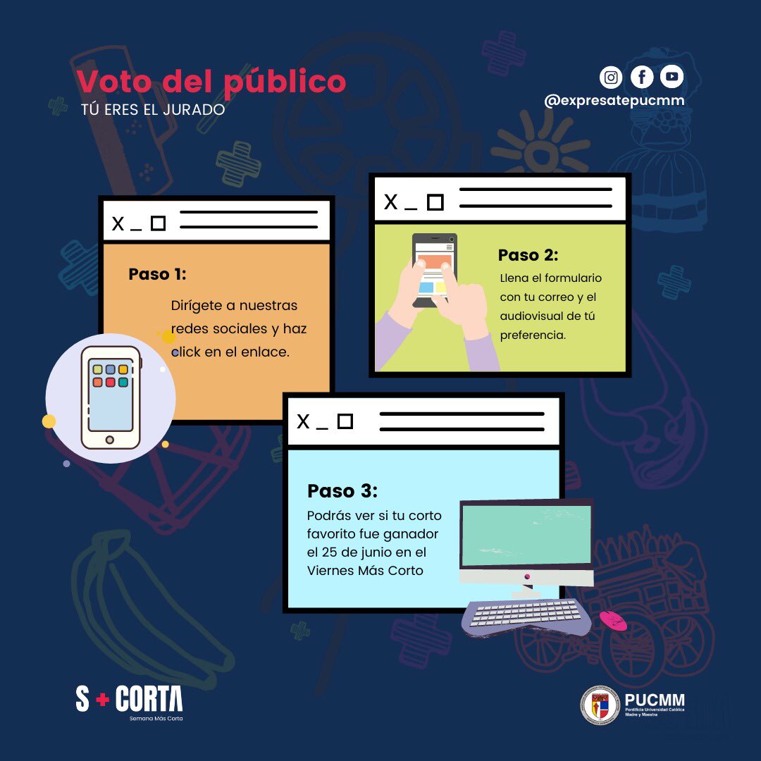 expresapucmm's tweet photo. ¡No te quedes sin votar 🗳! Ahora tú eres el jurado. 📢📢📢
Sigue estos simples pasos para elegir el mejor audiovisual 🎥.
Contamos con tú voto. 🎬🤩📲
#SMC2021 #SMC #SMCSemiPresencial #SMCDigital #MirarlocotidianoVivirlodominicano @pucmm @guichardoanab https://t.co/uPOowtZ24L