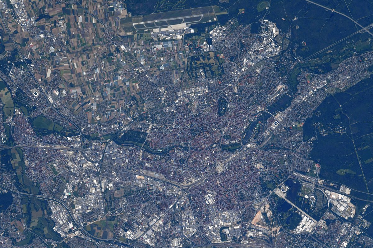 Hallo Nürnberg, Deutschland! This beautiful, Bavarian city is famous for its Christmas market among other things. I grew up from age 6-9 nearby in Herzogenaurach, so I got to experience a lot of the area as a child. Fürth &amp; Airport Nürnberg are visible too! #AirportsFromSpace