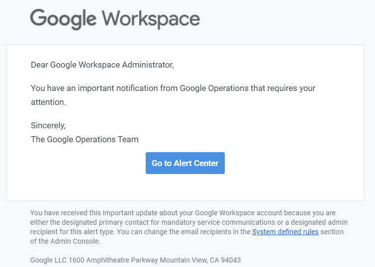NumbatNinja's tweet photo. @GoogleWorkspace FYI this vague message from google operations asking me to click a button really looks like a phishing email. https://t.co/PnqCUoY9d0