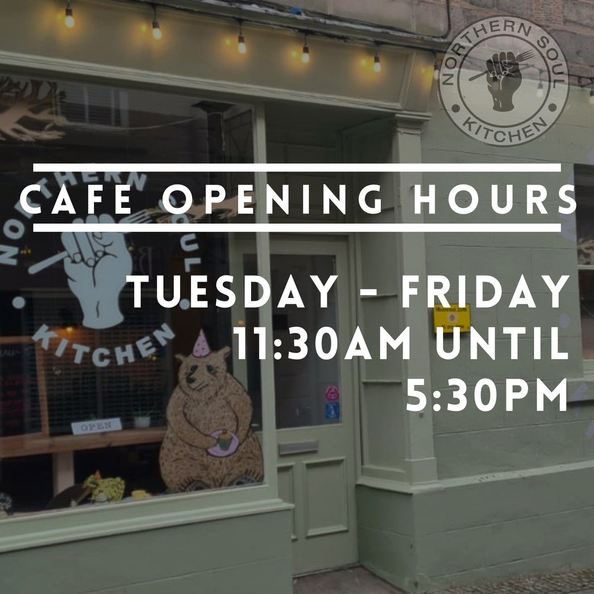 NrthrnSoulKitch's tweet photo. We were given feedback that our opening hours weren't as convenient as they could be - so here's the new ones. Effective immediately - we hope this helps! #FeedBelliesNotBins #CommunityInitiative #NorthernSoulKitchen https://t.co/xkYPY51g06